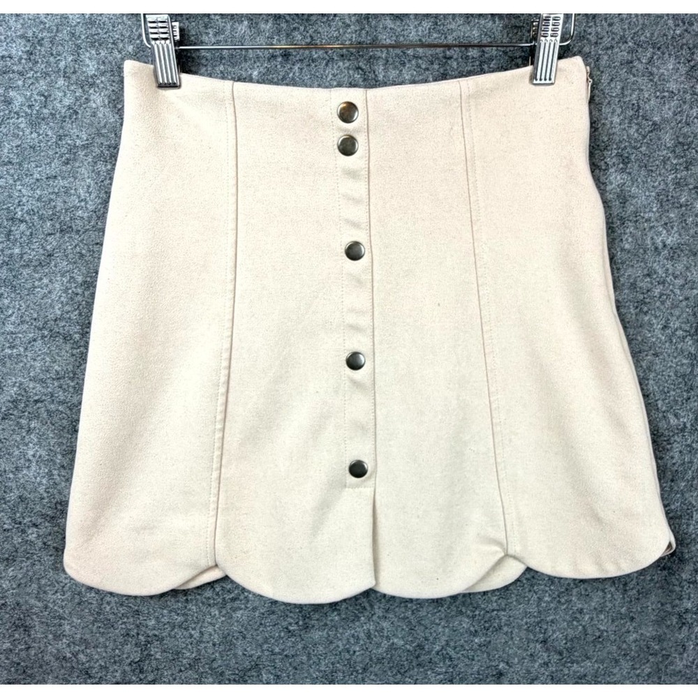 HYFVE Mini Skirt Women S Beige Faux Suede Coquette Scalloped Hem Button Front